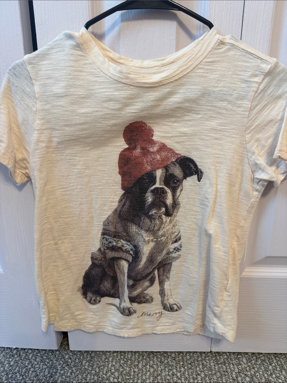 Pilcro Cream Tee with Red Beanie Dog Graphic